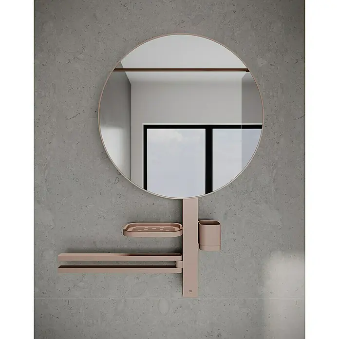 Ideal Standard Alu+ Ablagespiegel - B x H: 640 x 817 mm, Rosé - Runder Roségold-Spiegel mit integrierten Badaccessoires: Seifenschale, zwei Handtuchhalter und Becher.