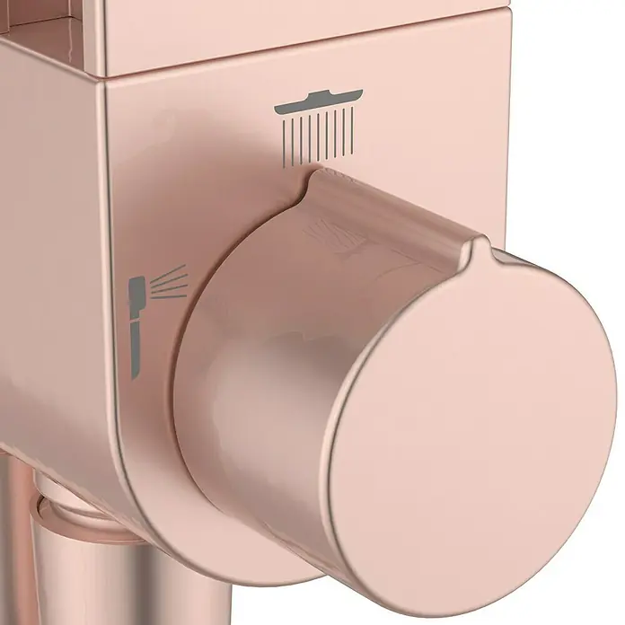 Ideal Standard Alu+ Duschsystem BD585 - Lochabstand: 600 mm, Form Kopfbrause: Rund, Rosé - Polierter Duschmischer in Roségold mit Symbolen für Kopf- und Handbrause.