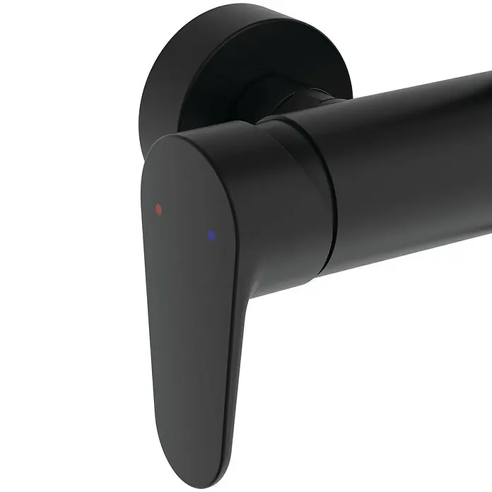 Ideal Standard Alu+ Duschsystem Ceraflow BE204XG - Lochabstand: 60 cm, Anzahl Strahlarten: 2 Stk., Schwarz, Form Kopfbrause: Eckig - Mattschwarze Einhebel-Duscharmatur mit roten und blauen Warm-/Kaltanzeigen.