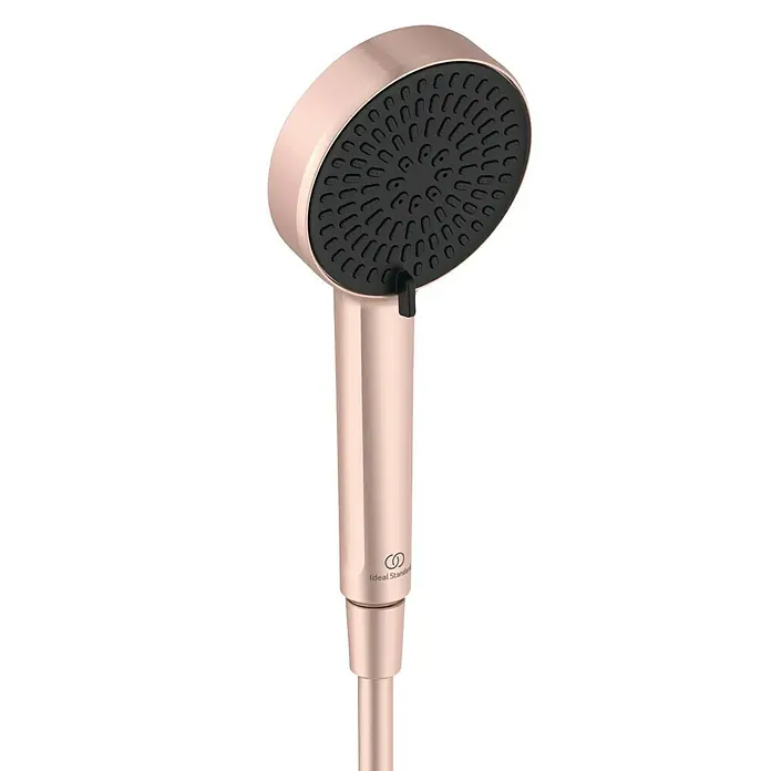 Ideal Standard Alu+ Brausegarnitur Ceratherm - Lochabstand: 40 cm - 50 cm, Art Strahl: SilkRain, Rain, Rosé - Gebürsteter Roségold-Handbrausekopf mit schwarzer Düsenplatte und Ideal Standard Logo.
