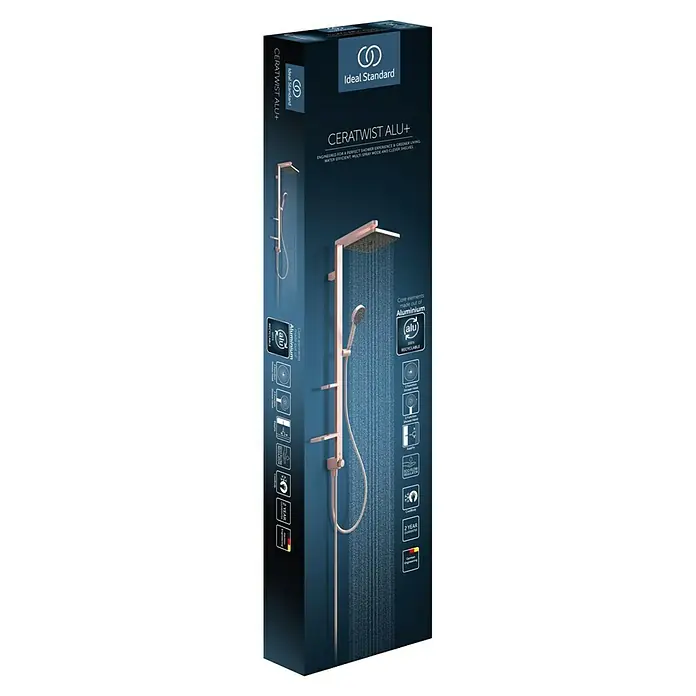 Ideal Standard Alu+ Duschsystem Ceratwist BE213 - Lochabstand: 60 cm, Form Kopfbrause: Eckig, Rosé - Ideal Standard CERATWIST ALU+ Duschsystem in Roségold-Verpackung, mit Aluminiumkern, Wassereffizienz, Multispray & Ablagen.
