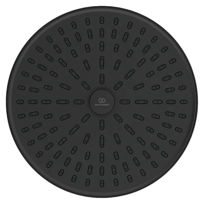 Ideal Standard Alu+ Kopfbrause Idealrain - Durchmesser: 26 cm, 8 l/min, Schwarz, Rund - Runde, mattschwarze Duschkopfplatte mit zahlreichen Sprühdüsen und "Ideal Standard"-Logo.