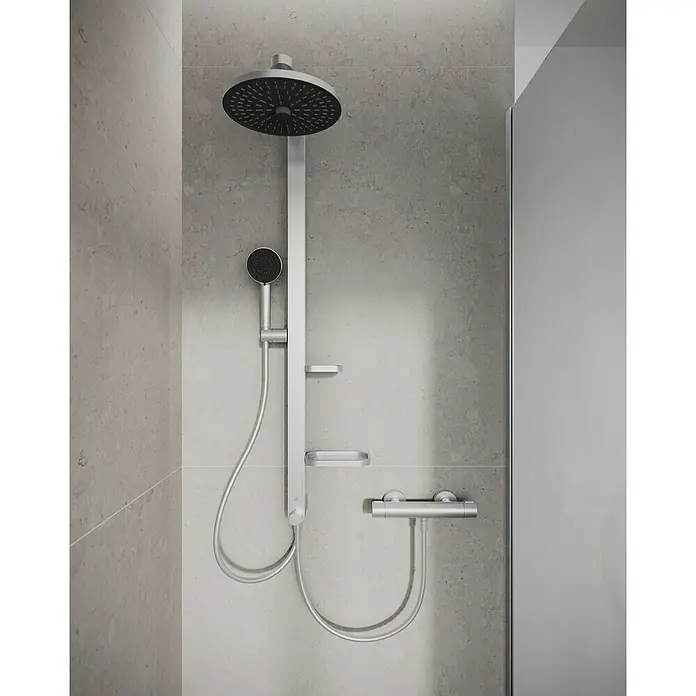 Ideal Standard Alu+ Duschsystem BD585 - Lochabstand: 600 mm, Form Kopfbrause: Rund, Silber - Silbernes Duschsystem mit Kopf- und Handbrause, Thermostatmischer und Seifenschalen.