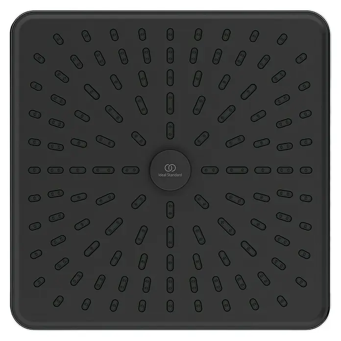 Ideal Standard Alu+ Kopfbrause Idealrain - B x L: 260 x 260 mm, 12 l/min, Chrom - Quadratischer dunkelgrauer Duschkopf mit abgerundeten Ecken, mit radialem Muster aus schwarzen Düsen und Ideal Standard Logo.