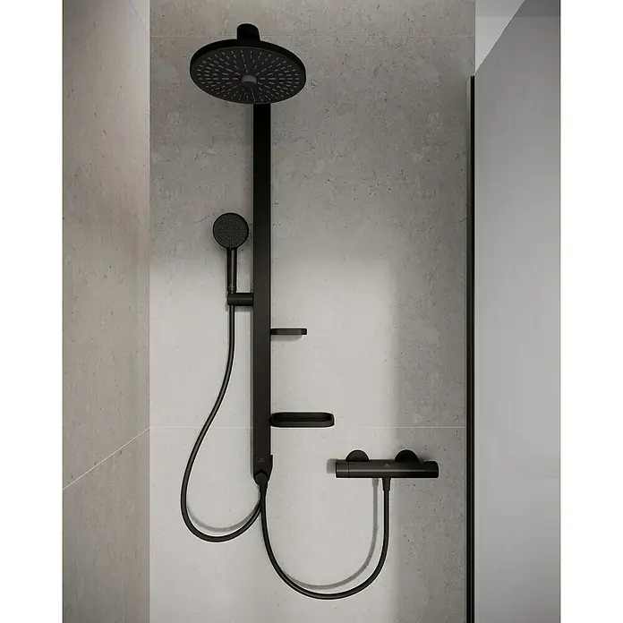 Ideal Standard Alu+ Duschsystem BD585 - Lochabstand: 600 mm, Form Kopfbrause: Rund, Schwarz - Mattschwarzes Duschsystem mit großem Regenduschkopf, Handbrause und Thermostatmischer.