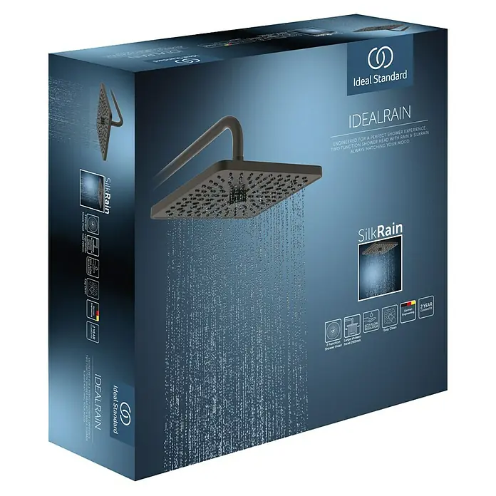 Ideal Standard Alu+ Kopfbrause Idealrain - B x L: 260 x 260 mm, 12 l/min, Schwarz - Schwarze Ideal Standard IDEALRAIN Duschkopfverpackung, zeigt den quadratischen Duschkopf mit Wasserfluss und Produktmerkmalen.