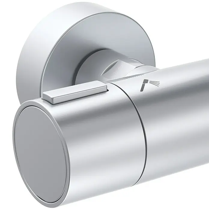 Ideal Standard Alu+ Duschsystem Ceratherm - Anzahl Strahlarten: 2 Stk., Silber - Silberfarbener, metallischer Duschregler mit rechteckigem Knopf und Duschstrahl-Symbol.
