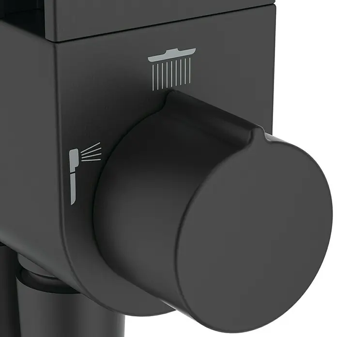 Ideal Standard Alu+ Duschsystem BD585 - Lochabstand: 600 mm, Form Kopfbrause: Rund, Schwarz - Matter schwarzer Brauseumsteller mit Kopf- und Handbrause-Symbolen.