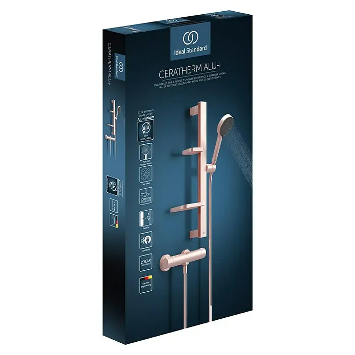 Ideal Standard Alu+ Brausegarnitur Ceratherm - Lochabstand: 40 cm - 50 cm, Art Strahl: SilkRain, Rain, Rosé - Roségoldenes Ideal Standard CERATHERM ALU+ Duschsystem mit Brausekopf, Stange und Mischer. Aluminium-Kernelemente, umweltfreundliches Design.