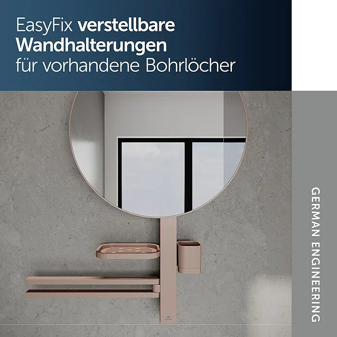 Ideal Standard Alu+ Ablagespiegel - B x H: 640 x 817 mm, Rosé - Roségoldene, verstellbare Wandspiegeleinheit mit Seifenschale, Becherhalter und Handtuchstangen, für bestehende Bohrlöcher.