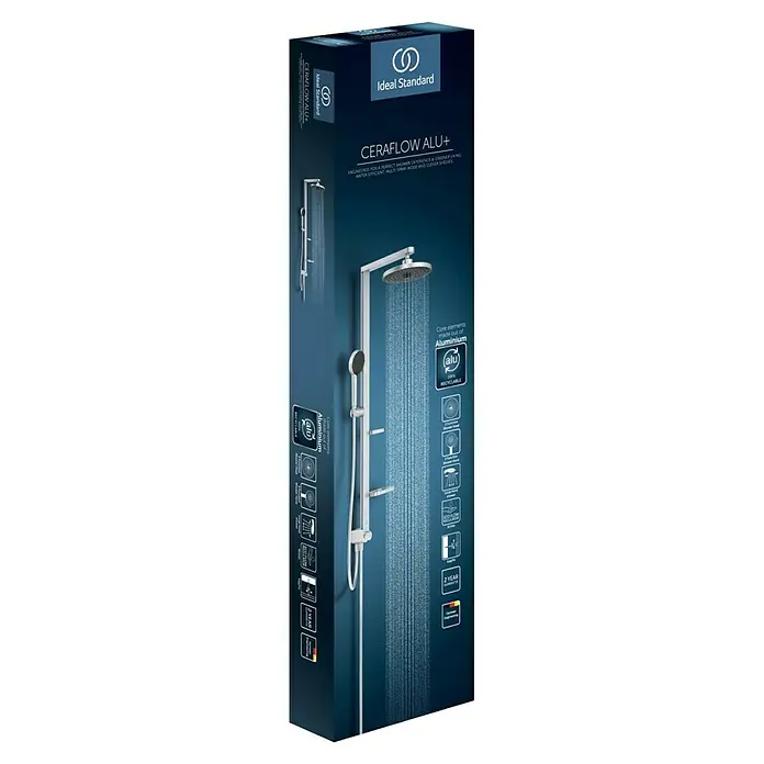 Ideal Standard Alu+ Duschsystem BD585 - Lochabstand: 600 mm, Form Kopfbrause: Rund, Silber - Ideal Standard Ceraflow Alu+ Duschsystem (Aluminium) auf dunkelblauer Verpackung, zeigt Wasserstrahlen der Brauseköpfe.