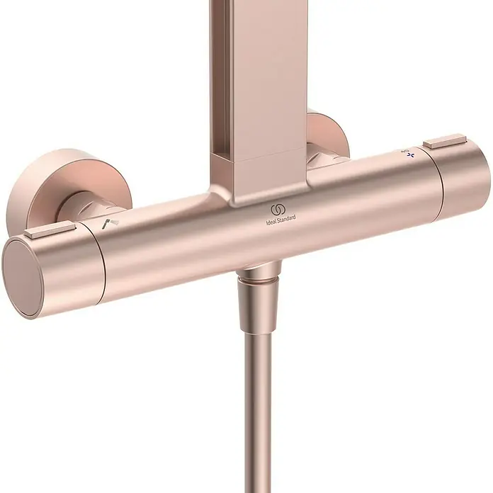 Ideal Standard Alu+ Duschsystem Ceratherm - Anzahl Strahlarten: 2 Stk., Rosé - Roségoldener Thermostat-Duschmischer mit integriertem Duschstangenanschluss.