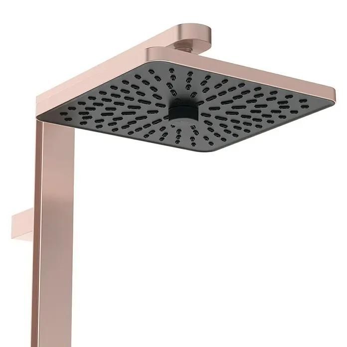 Ideal Standard Alu+ Duschsystem Ceratherm - Anzahl Strahlarten: 2 Stk., Rosé - Roségoldener quadratischer Duschkopf mit schwarzer Düsenplatte am Arm.