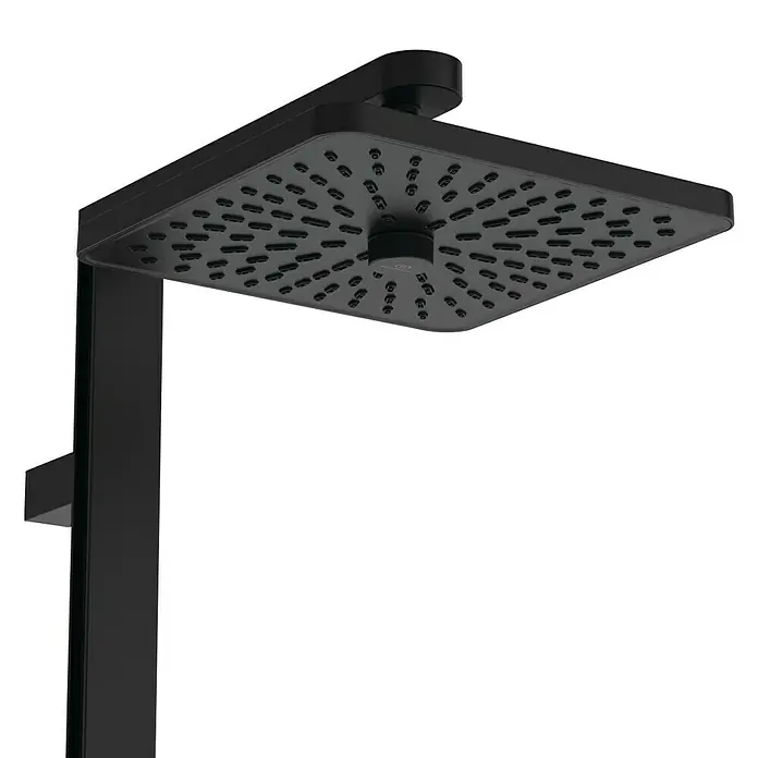 Ideal Standard Alu+ Duschsystem Ceratherm - Anzahl Strahlarten: 2 Stk., Schwarz - Mattschwarzer, quadratischer Regenbrausekopf mit passendem Arm.