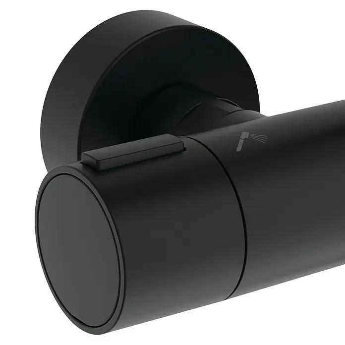 Ideal Standard Alu+ Duschsystem Ceratherm - Anzahl Strahlarten: 2 Stk., Schwarz - Mattschwarzer Duschmischer mit zylindrischem Gehäuse, flachem Knopf oben und Duschstrahlsymbol.