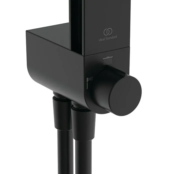 Ideal Standard Duschsystem Ceratwist BE21 - Lochabstand: 600 mm, Anzahl Strahlarten: 2 Stk., Form Kopfbrause: Rund, Schwarz - Mattschwarzer Duschmischer mit Umstellknopf und Symbolen für Kopfbrause und Handbrause. Marke Ideal Standard.