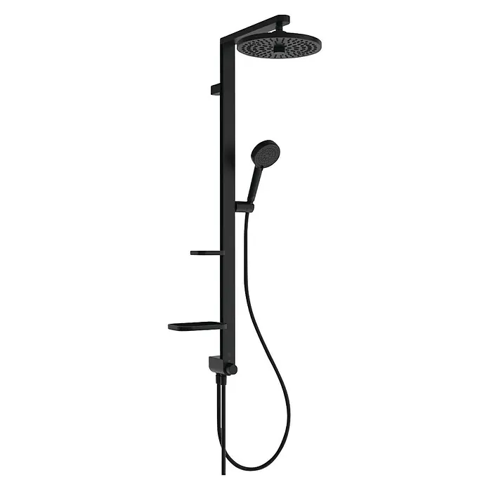 Ideal Standard Duschsystem Ceratwist BE21 - Lochabstand: 600 mm, Anzahl Strahlarten: 2 Stk., Form Kopfbrause: Rund, Schwarz - Mattschwarzes Duschsystem mit runder Kopfbrause, Handbrause, vertikaler Stange und zwei Ablagen.
