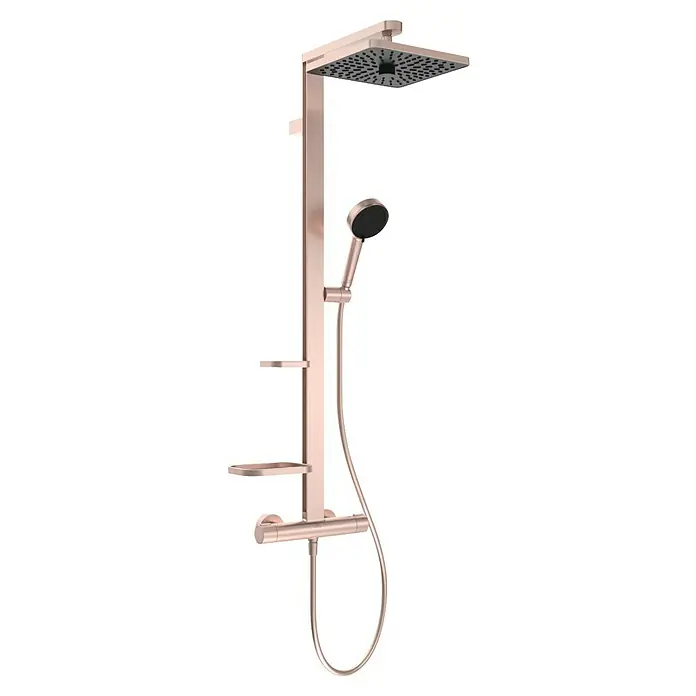 Ideal Standard Alu+ Duschsystem Ceratherm - Anzahl Strahlarten: 2 Stk., Rosé - Gebürstetes Roségold-Duschsystem mit quadratischem Kopf, Handbrause, Thermostatmischer und zwei Ablagen.