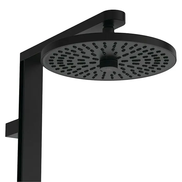 Ideal Standard Duschsystem Ceratwist BE21 - Lochabstand: 600 mm, Anzahl Strahlarten: 2 Stk., Form Kopfbrause: Rund, Schwarz - Schwarzer Duschkopf mit elegantem, quadratischem Arm und rundem Regenduschkopf.
