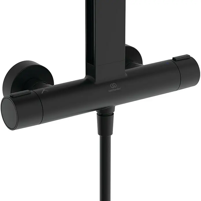Ideal Standard Alu+ Duschsystem Ceratherm - Anzahl Strahlarten: 2 Stk., Schwarz - Matt-schwarzer wandmontierter Thermostat-Duschmischer mit Schlauchanschluss.