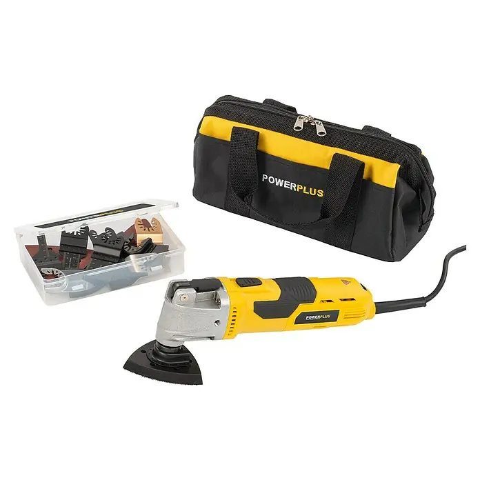 PowerPlus Multiherramienta POWX1348 - 450 W, Número de oscilaciones marcha en vacío: 40.000 /min - Herramienta multifunción oscilante amarilla y negra con varias hojas en una caja transparente y bolsa de herramientas a juego.