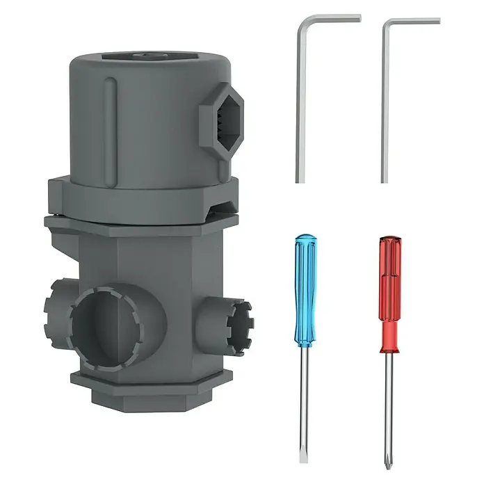 Llave de tubo - Largo: 100 mm, Plástico, Número de aplicaciones: 16 ud. - Caja de conexiones o accesorio gris multipuerto, acompañada de dos llaves Allen en forma de L, un destornillador plano y uno de estrella.