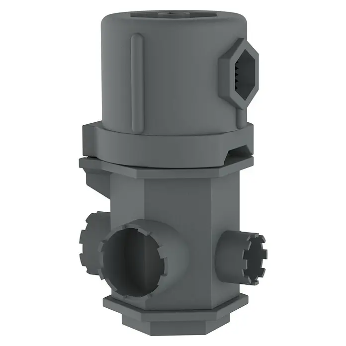 Llave de tubo - Largo: 100 mm, Plástico, Número de aplicaciones: 16 ud. - Conector de tubería industrial gris texturizado con múltiples puertos.