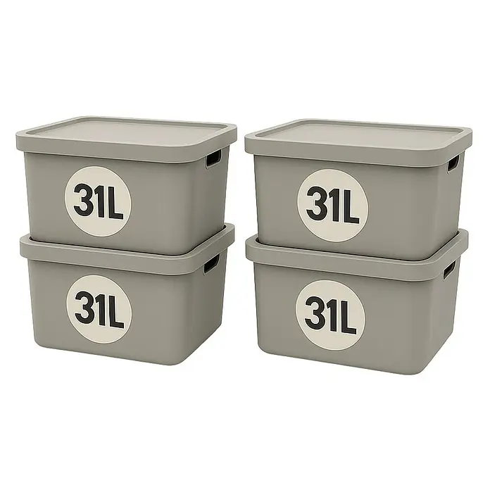 Plastard Aufbewahrungsbox-Set 4er-Set 31 Liter in Grau – Stapelboxen, Lagerboxen - L x B x H: 45,5 x 33,5 x 25 cm, Kunststoff, Grau, 4 Stk.