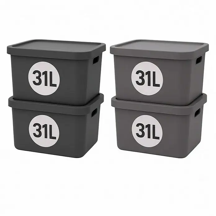 Plastard Aufbewahrungsbox-Set 4er-Set 31 Liter in Anthrazit – Stapelboxen, Lagerboxen - L x B x H: 45,5 x 33,5 x 25 cm, Kunststoff, Anthrazit, 4 Stk.