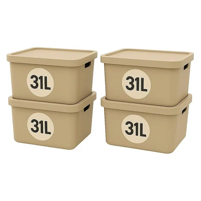 Plastard Aufbewahrungsbox-Set 4er-Set 31 Liter in Beige – Stapelboxen, Lagerboxen - L x B x H: 45,5 x 33,5 x 25 cm, Kunststoff, Beige, 4 Stk.