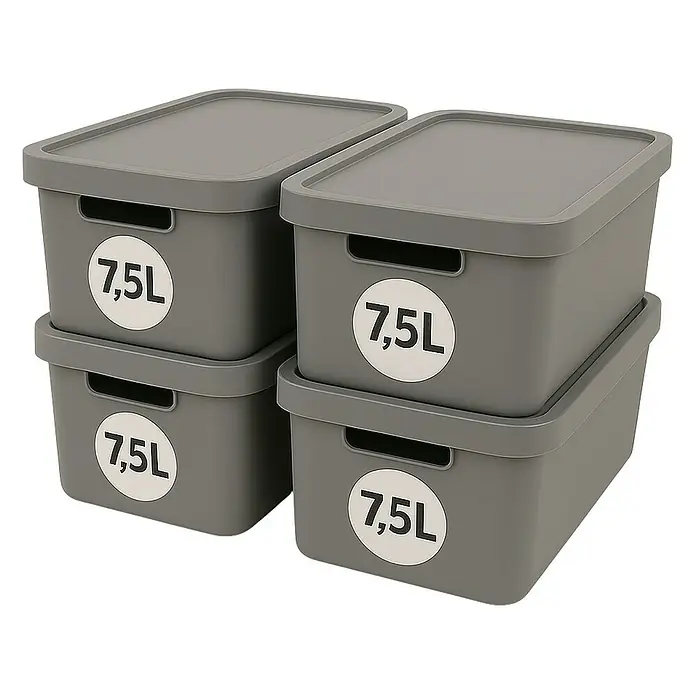 Plastard Aufbewahrungsbox-Set 4er-Set 7,5 Liter in Grau – Stapelboxen, Lagerboxen - Kunststoff, Grau, 4 Stk.