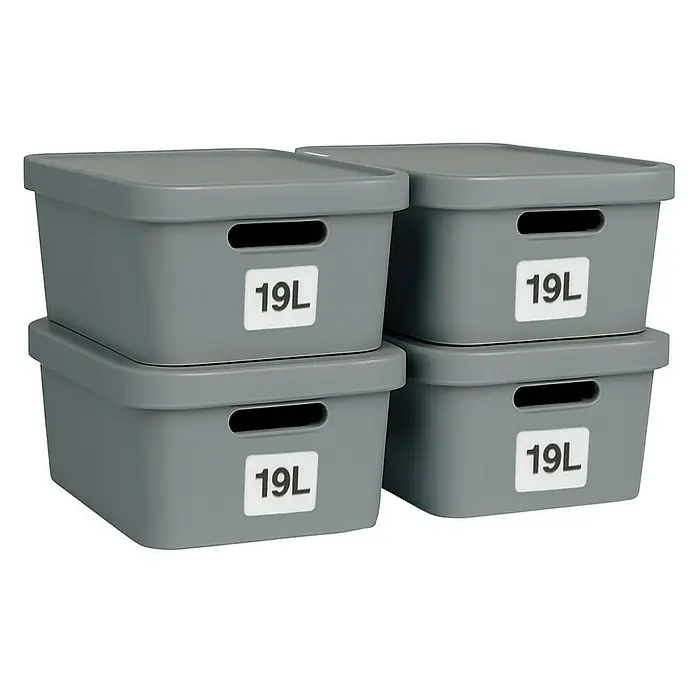 Plastard Aufbewahrungsbox-Set 4er-Set 19 Liter in Grau – Stapelboxen, Lagerboxen - L x B x H: 45,5 x 33,5 x 15,5 cm, Kunststoff, Grau, 4 Stk.