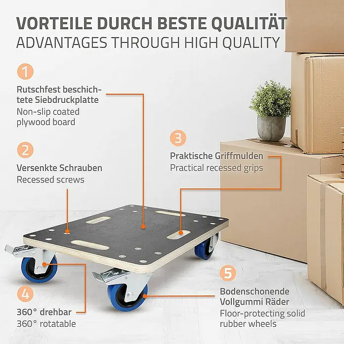 ECD Germany Transportroller Transportroller mit Siebdruckplatte, Möbel-Transport Transporthilfe - L x B x H: 60 x 40 x 14,5 cm, Verbundwerkstoff
