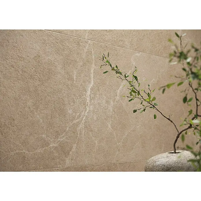 Wandfliese Benora - 39,8 x 119,8 cm, Beige Struktur, Matt - Texturierte beige Wandfliese mit leichter Äderung, als stilvolle Wandverkleidung mit einer Pflanze im Vordergrund gezeigt.