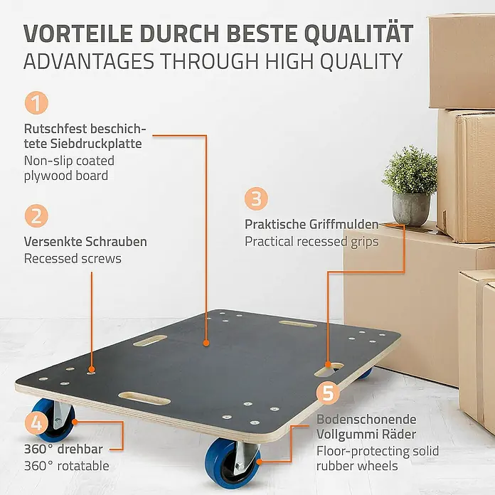 ECD Germany Transportroller Transportroller mit Siebdruckplatte, Möbel-Transport Transporthilfe - L x B x H: 80 x 60 x 14,5 cm, Verbundwerkstoff