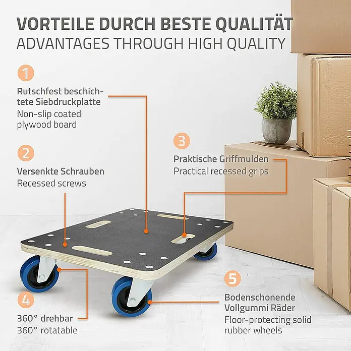 ECD Germany Transportroller Transportroller mit Siebdruckplatte, Möbel-Transport Transporthilfe - L x B x H: 60 x 40 x 14,5 cm, Verbundwerkstoff