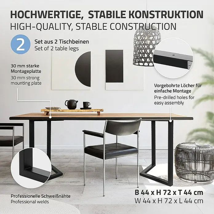 ML-Design Tischgestell 2er Set Tischgestell Bankkufen Tischkufen Möbelfüße aus Stahl - L x B x H: 44 x 44 x 72 cm, Stahl