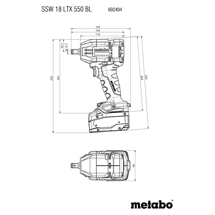 Metabo Akku-Schlagschrauber SSW 18 LTX 550 BL - 18 V, Ohne Akku, Max. Schlagzahl: 3.600 /min - Technische Zeichnung eines Metabo SSW 18 LTX 550 BL Akku-Schlagschraubers mit Maßen, Seiten- und Draufsicht.