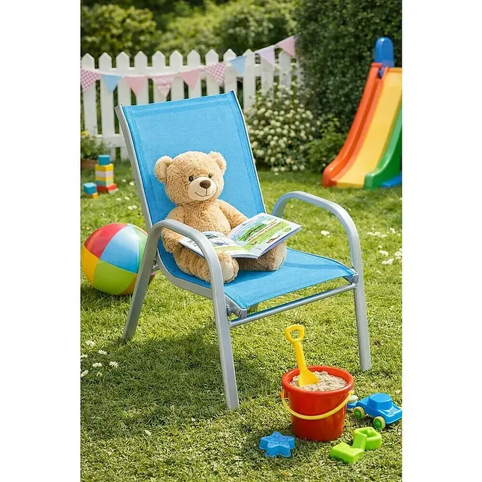 Westerholt Kinder-Gartenstuhl - Stahl, Polyester, Blau, B x T x H: 49 x 36 x 57 cm - Blauer Netzstuhl mit silbernem Gestell, besetzt von einem Teddybären, der ein Buch liest. Spielzeug in der Nähe.
