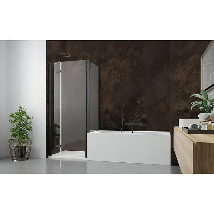GEO Alu-Verbundplatte - 150 x 255 cm, Oxidian - Modernes Badezimmer mit dunkel gerahmter Glasduschkabine, weißer Badewanne und hellem Holzwaschtisch.