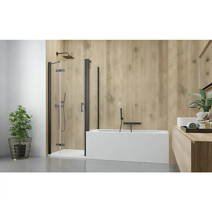 GEO Alu-Verbundplatte - 150 x 255 cm, Eiche Gekalkt - Modernes Badezimmer mit schwarz gerahmter Glasduschkabine und weißer freistehender Badewanne.