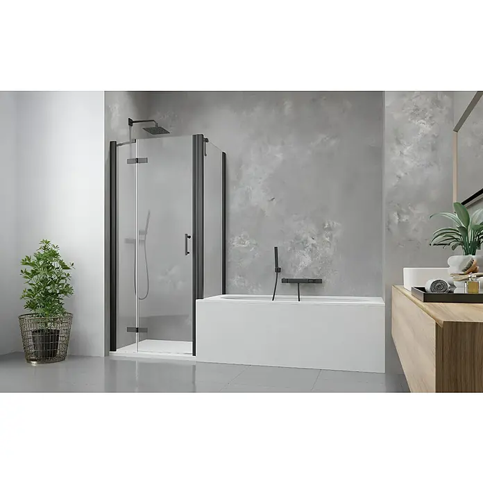 GEO Alu-Verbundplatte - 150 x 255 cm, Beton - Modernes Badezimmer mit schwarz gerahmter Dusche, weißer Badewanne und Holzwaschtisch.