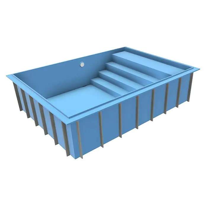 Mountfield Bausatz-Pool - L x B x H: 760 x 390 x 150 cm, 31,75 m³, Blau - Hellblaue GFK-Poolschale mit integrierten Stufen und Stützrippen, bereit zur Installation.