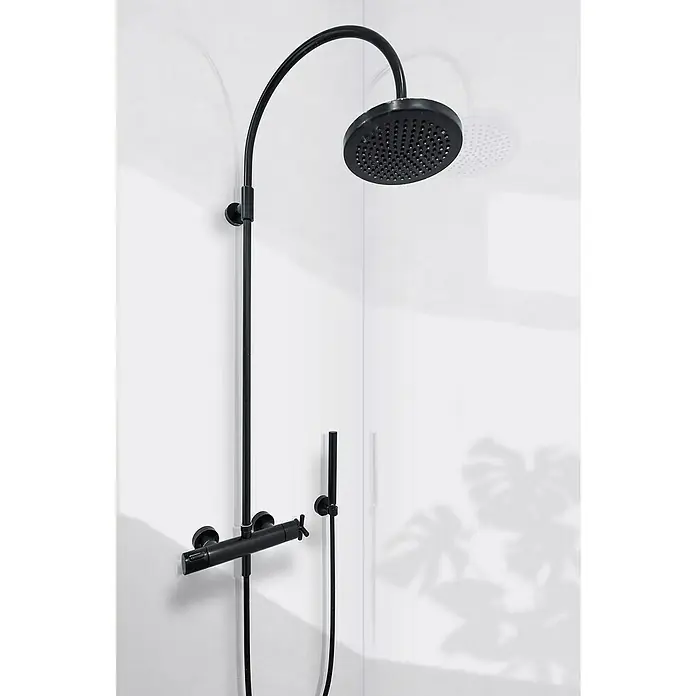Dumawall+ Revestimiento de pared de PVC Snow Gloss - 260 x 90 cm, Blanco - Sistema de ducha negro mate con rociador, ducha de mano y mezclador termostático.