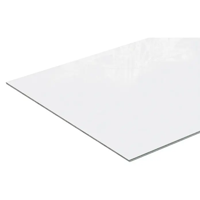 Dumawall+ Revestimiento de pared de PVC Snow Gloss - 260 x 90 cm, Blanco - Lámina de foam blanca con núcleo gris visible en los bordes, presentada en ángulo.