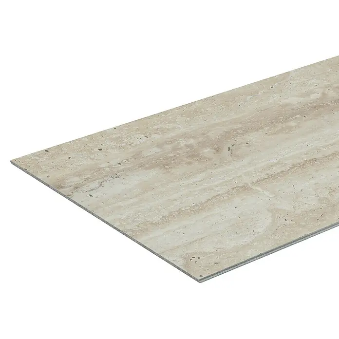 Dumawall+ Revestimiento de pared de PVC Ember - 260 x 90 cm, Beige - Baldosa rectangular beige con efecto travertino y borde en capas.