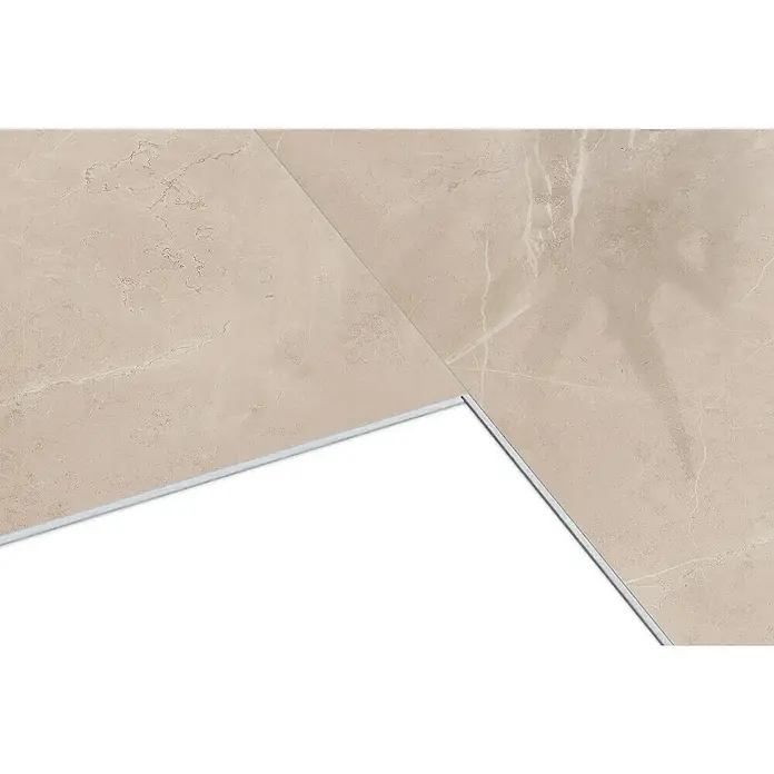 Dumawall+ Revestimiento de pared de PVC Gust Gloss - 75 x 45 cm, Beige - Azulejos efecto mármol beige claro. Su borde gris y reverso blanco son visibles, mostrando una conexión de azulejos.