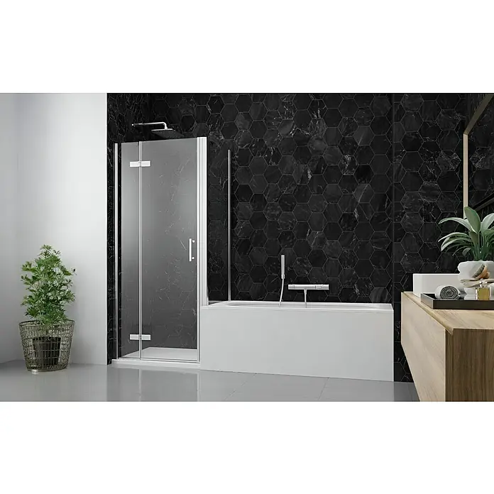 GEO Alu-Verbundplatte - 150 x 255 cm, Hexagon Anthrazit - Moderne Glasdusche mit silbernem Rahmen und strukturierten Scheiben, neben einer Badewanne positioniert.