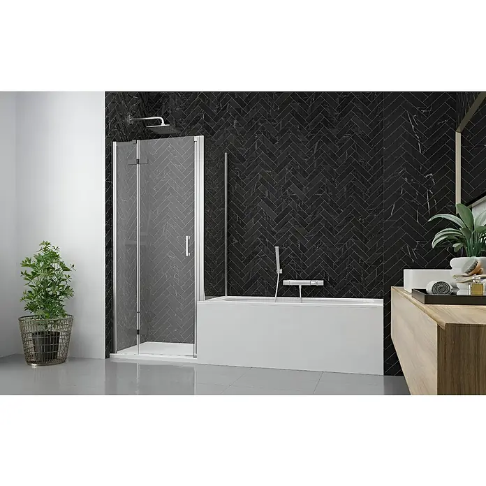 GEO Alu-Verbundplatte - 150 x 255 cm, Anthrazit - Moderne Duschkabine mit Klarglas und silbernen Profilen, kombiniert mit einer weißen Badewanne und Duschwand in einem stilvollen Bad.