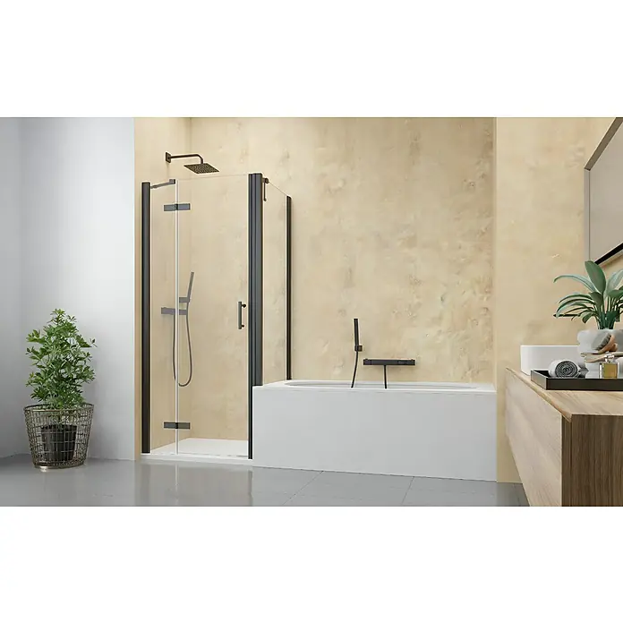 GEO Alu-Verbundplatte - 150 x 255 cm, Kalkstein - Glasduschkabine mit schwarzen Profilen neben einer modernen weißen Badewanne.